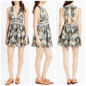 •FREE PEOPLE• Daydream Plunging Neckline Mini Dress in Multi Color Print Size XS